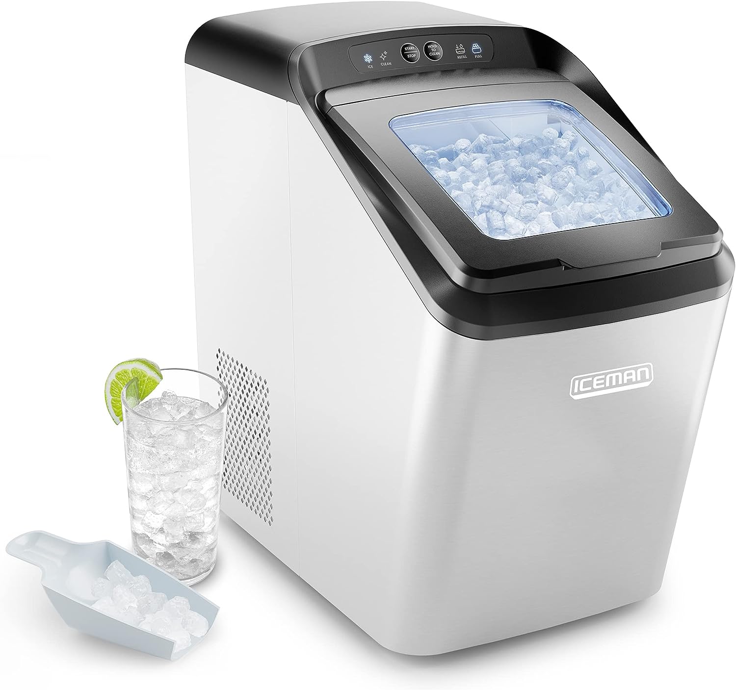Iceman Dual-Size Countertop Ice Maker Machine, Portable, Creates 2 Cube Sizes in 6 Mins, Holds 1.3 lb. of Ice, Makes up to 26 lb in 24 Hours, Self-Cleaning Scoop Included, Stainless-Steel