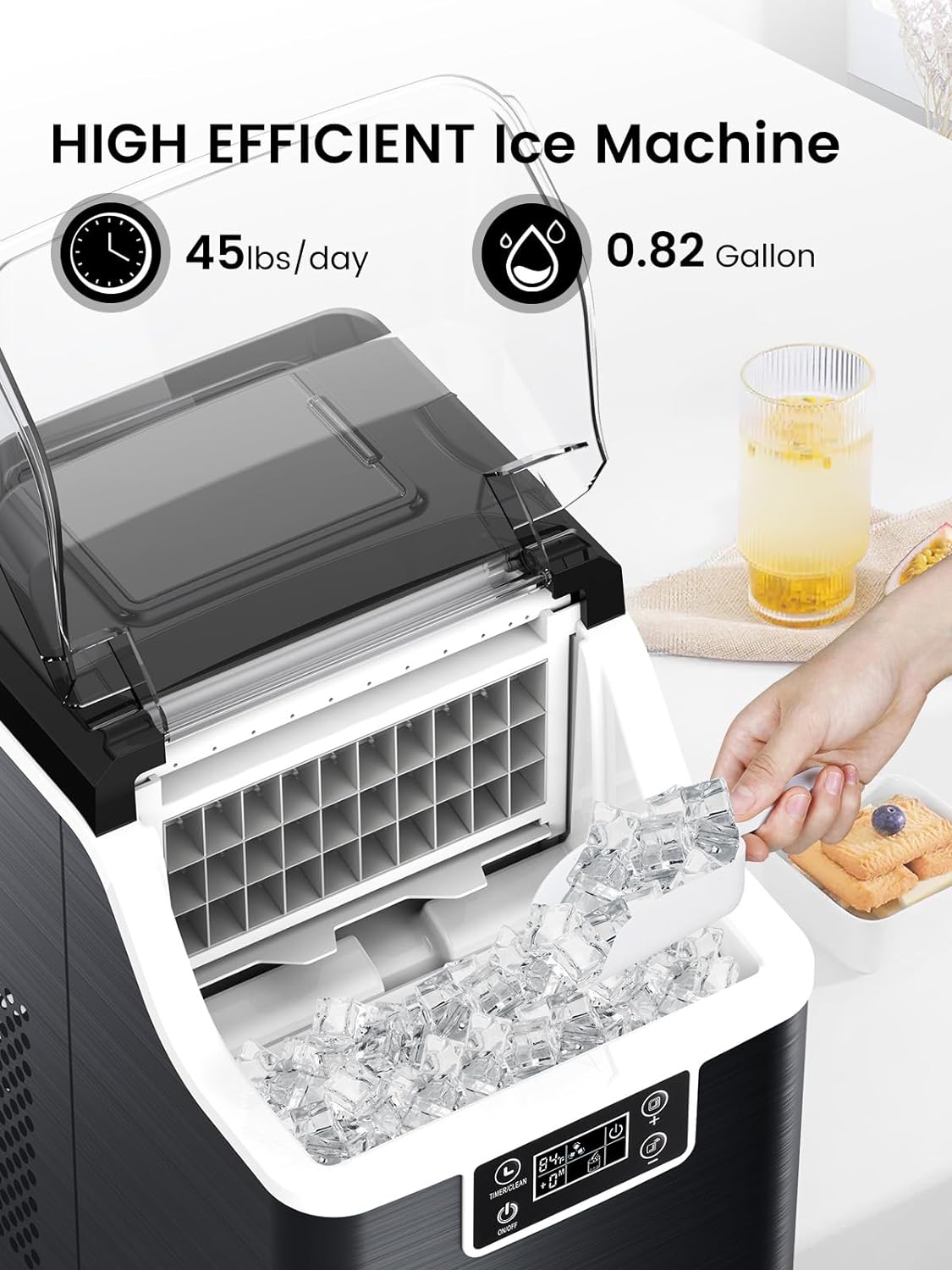 Kndko ice Maker,45 Lbs/Day,2 Ways to add Water,ice Makers countertop,Self Cleaning Ice Maker,24H Timer,Perfect for Home,Office,Bar,Stainless Steel,Black
