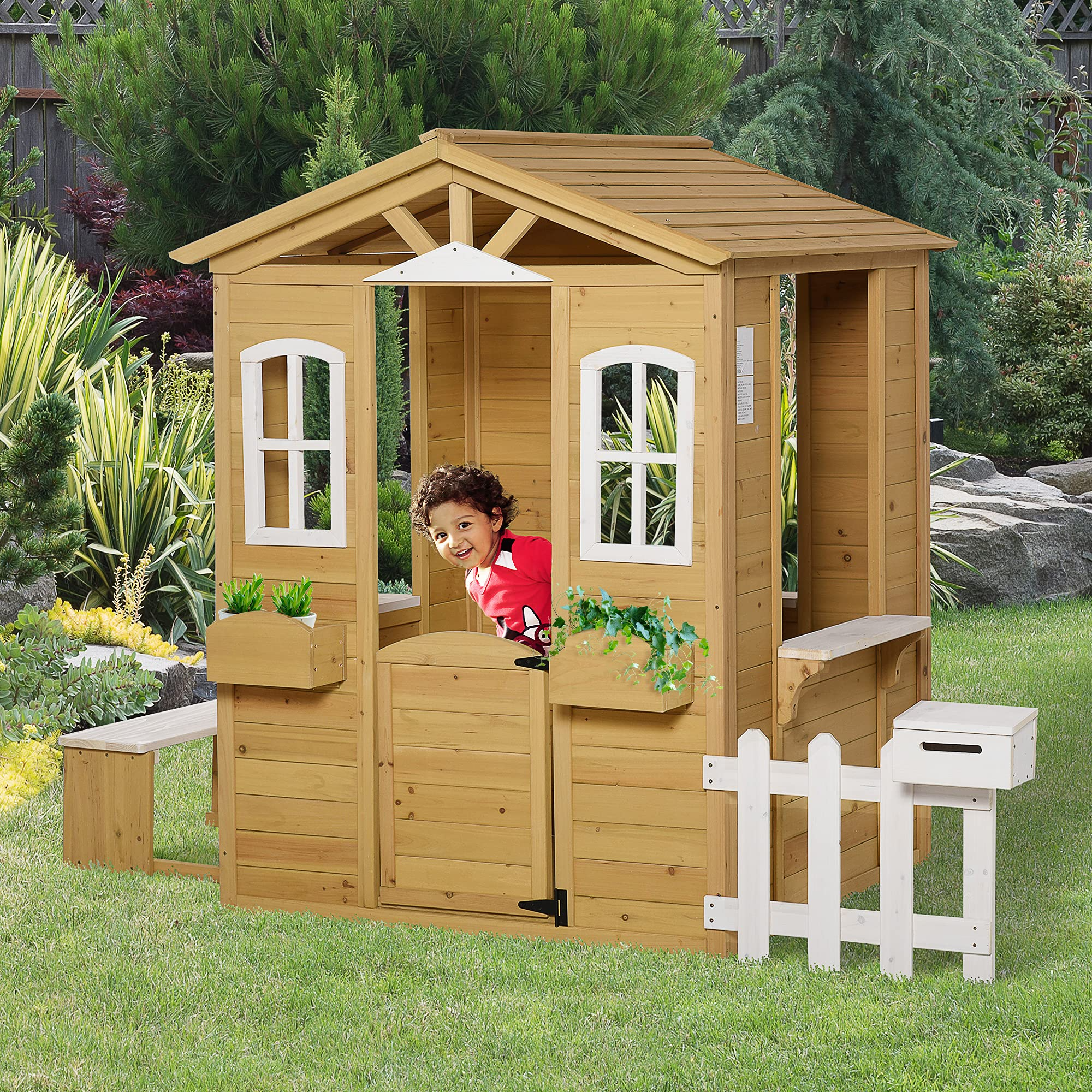 【Sports&Outdoors】Outdoor Playhouse for Kids Wooden Cottage, Pretend Play House for Age 3-6 Years