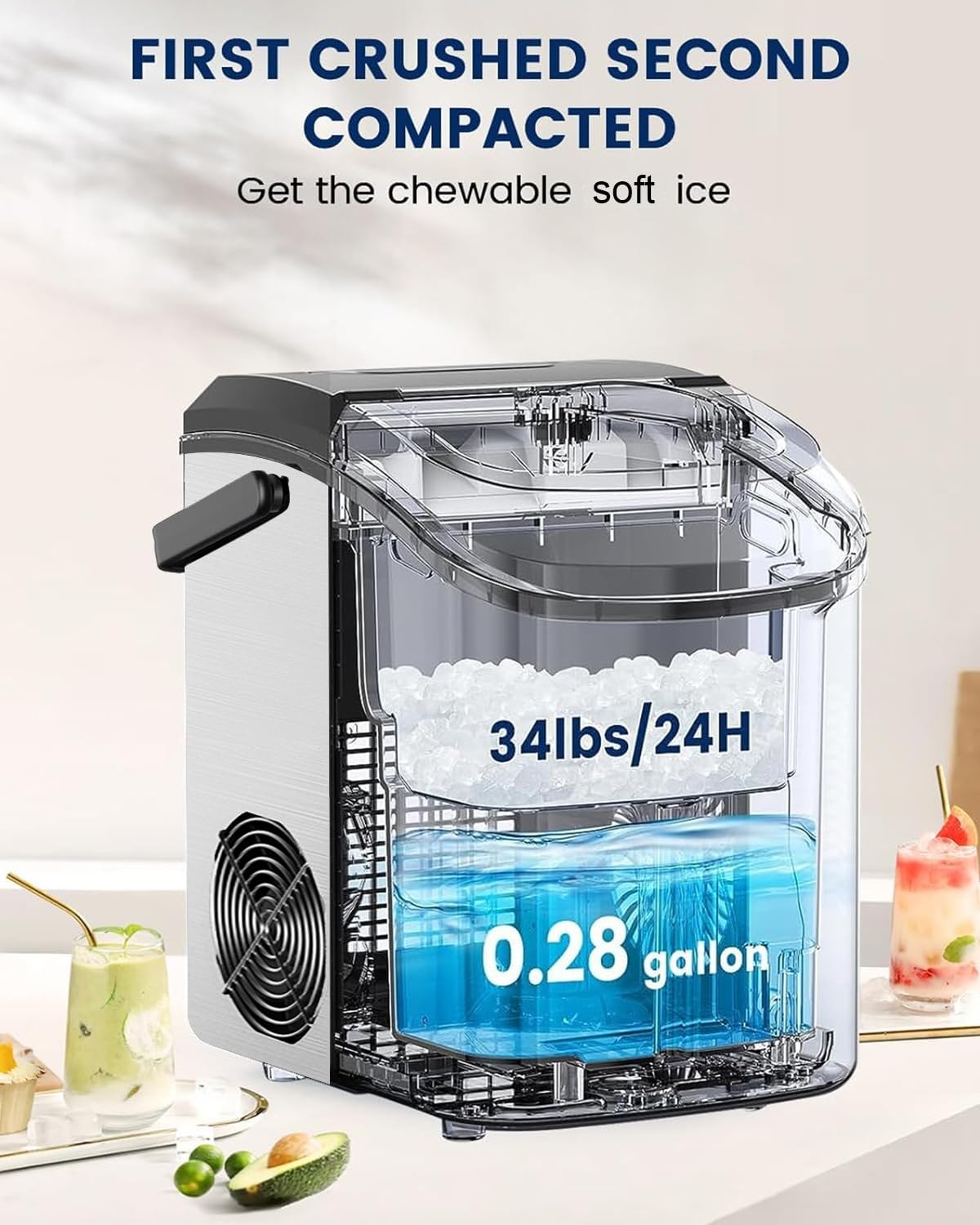 Kndko Nugget Ice Maker with Handle,33lbs/Day, Produce a Basket in 1.5 Hour, Self-Cleaning, One-Click Design, Compact Ice Maker Nugget with Chewy Ice for Home Bar Party,Black