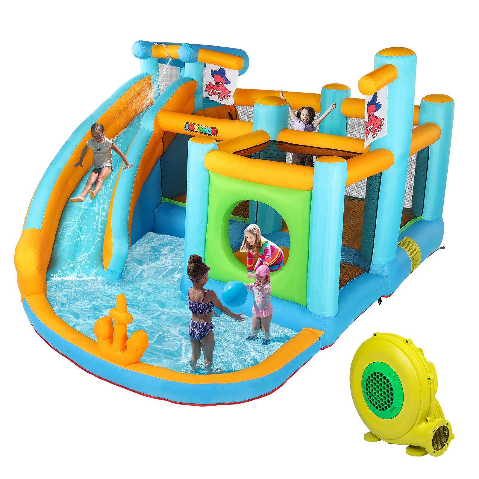 【Sports&Outdoors】Inflatable Water Slide Park, Pirate Themed Bounce House, Obstacle Course, Water Cannon