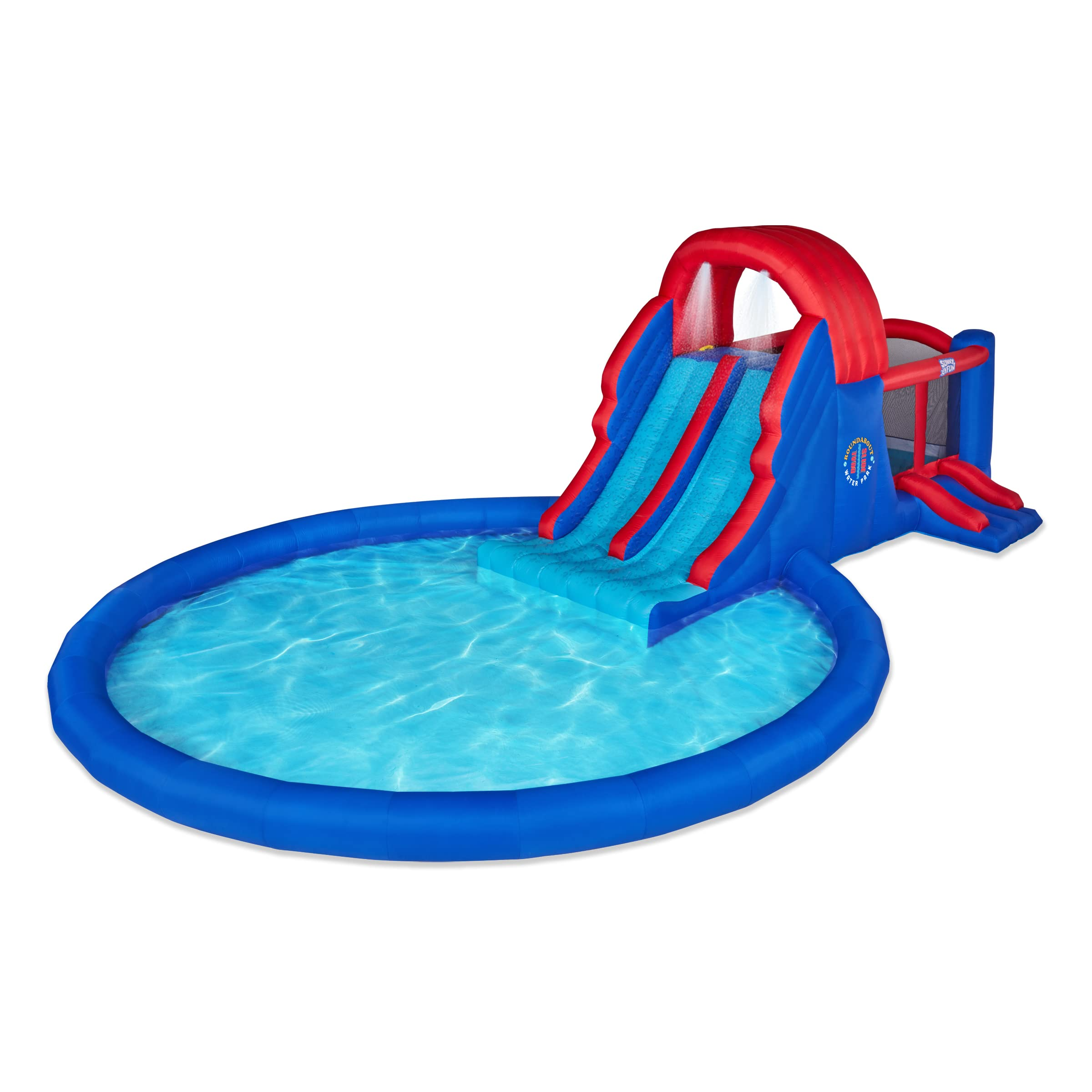 【Sports&Outdoors】Dual Slide Roundabout Inflatable Water Park - Climbing Wall, Slides, Bounce House & Huge Pool