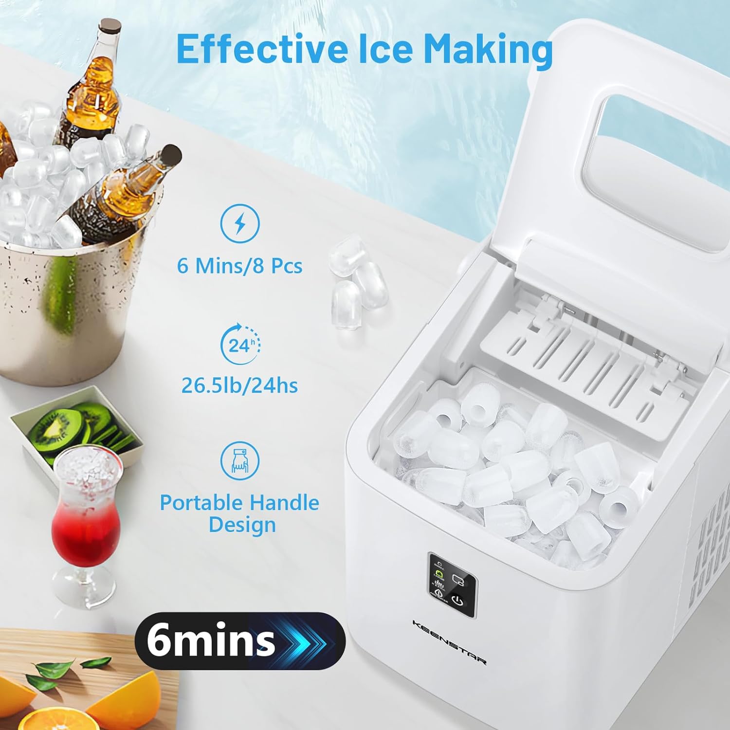 Countertop Ice Maker, Portable Ice Maker Machine 26.5lbs/24Hrs, 8 Bullet Ice Ready in 6 Mins, Self-Cleaning Handheld Ice Maker with Ice Scoop, Ice Basket for Home Kitchen Office RV Party