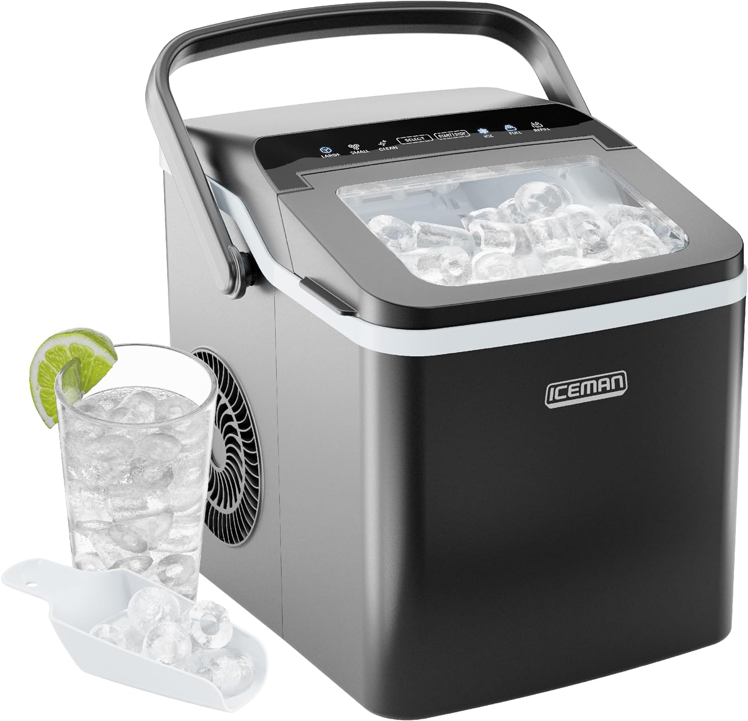 Iceman Dual-Size Countertop Ice Maker Machine, Portable, Creates 2 Cube Sizes in 6 Mins, Holds 1.3 lb. of Ice, Makes up to 26 lb in 24 Hours, Self-Cleaning Scoop Included, Stainless-Steel