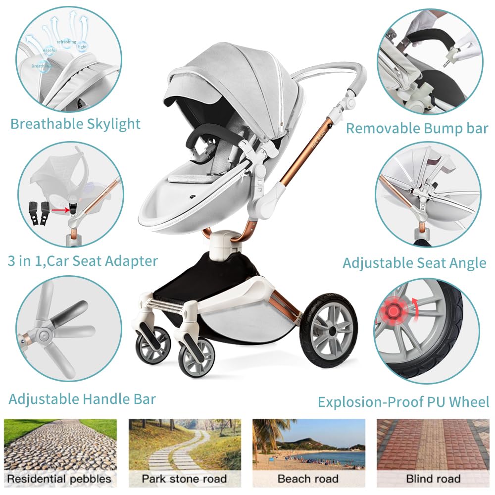Hot Mom Baby Stroller 360 Degree Rotation Function, Pu Leather Baby Bassinet and Seat Combo Pushchai & Pram, Grey