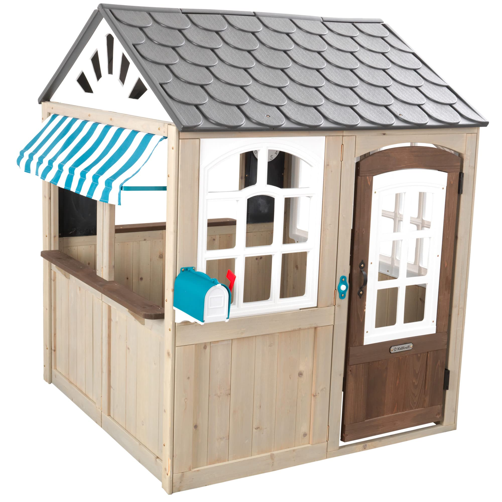 【Sports&Outdoors】Wooden Outdoor Playhouse, Ringing Doorbell, Mailbox and Awning, Gift for Ages 3-10