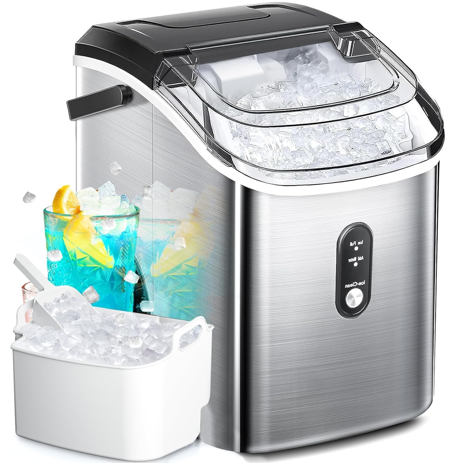 Nugget Ice Maker Countertop with Handle, 35lbs/Day, Portable Ice Maker Countertop with Chewable Ice, One-Click Operation, Compact Design Crushed Pellet Ice Maker for Home/Kitchen/Office(Silver)