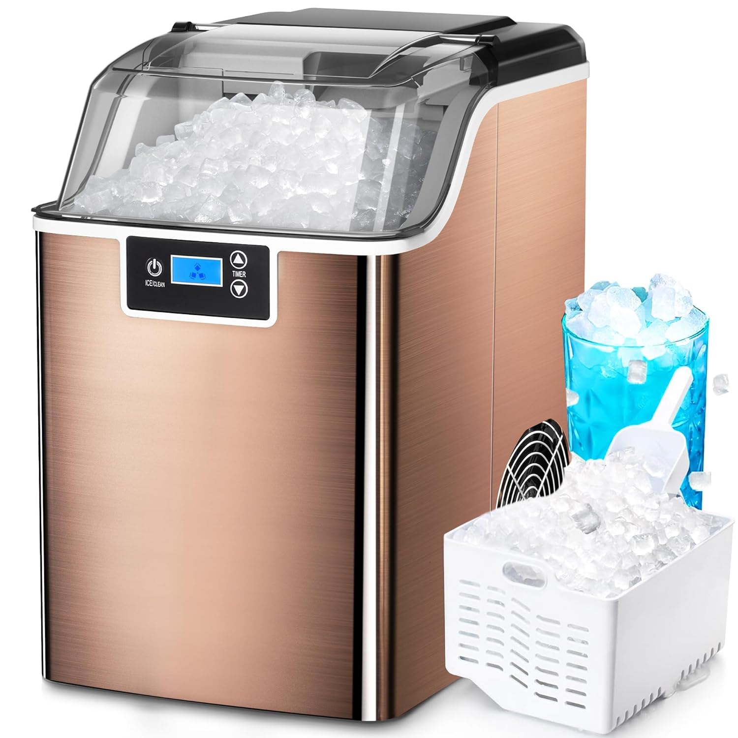 Kismile Nugget Ice Makers Countertop, 45lbs/Day Pebble Ice Maker Machine with 24-Hour Timer, Self-Cleaning Pellet ice Maker with Ice Scoop and Ice Basket for Home & Kitchen (Stainless Steel Gold)