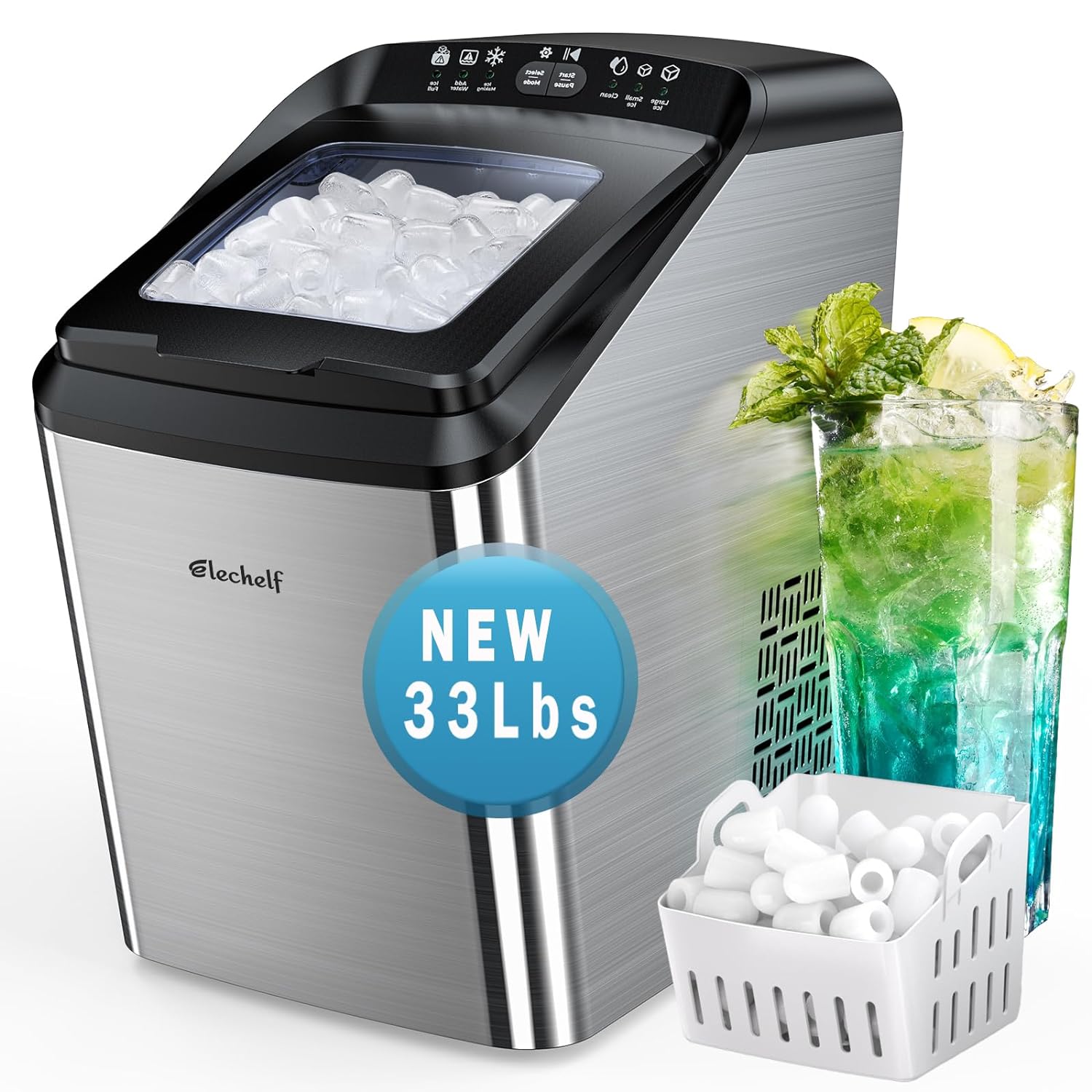 Elechelf Ice Makers Countertop Self Cleaning 33Ibs | Thick Insulation Foaming Layer Heavy-Duty Stainless Steel Bullet Ice Machine | Black