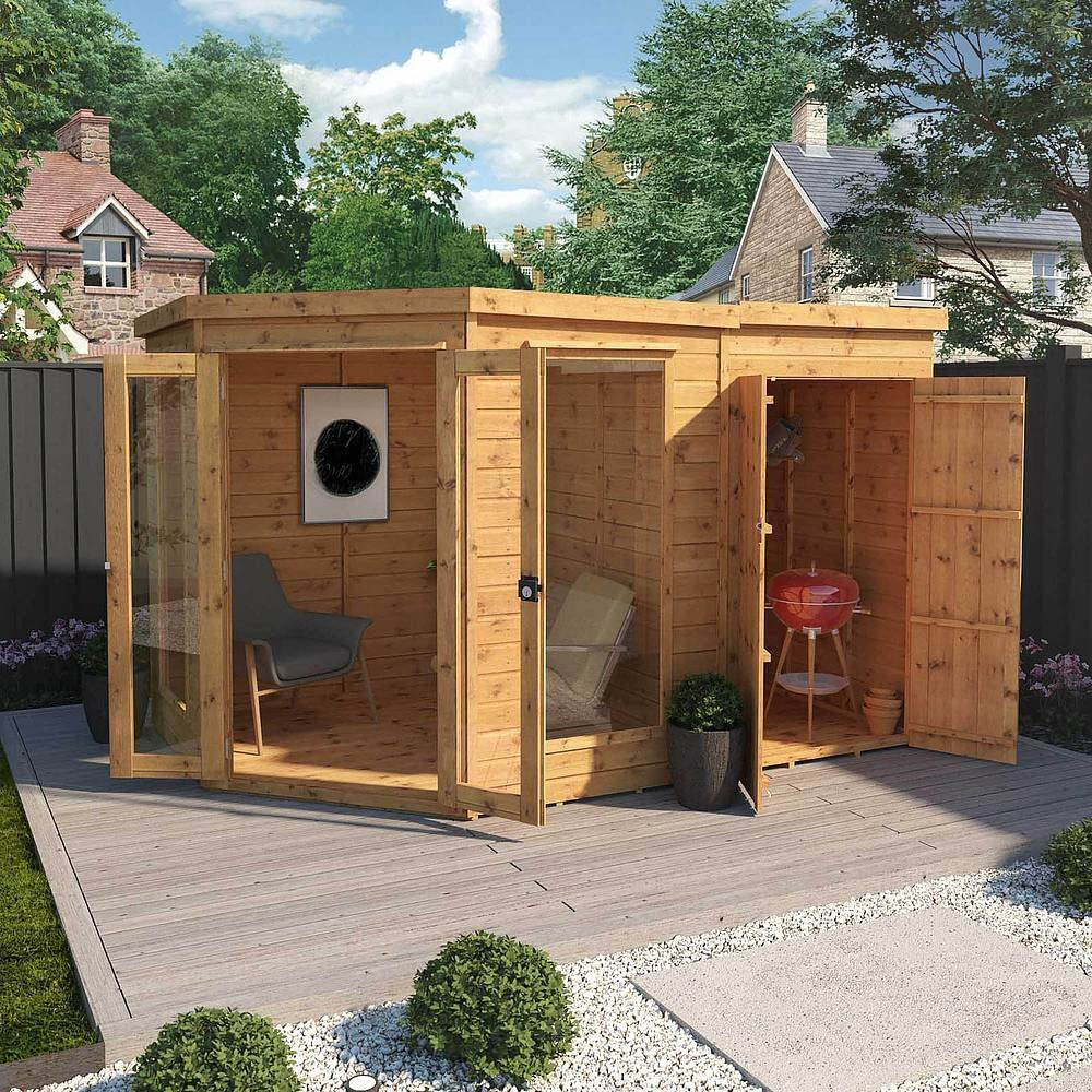 【Home&Garden】Wooden Corner Summerhouse with Side Shed 11x7 Outdoor Garden Storage Garden Room Sunroom