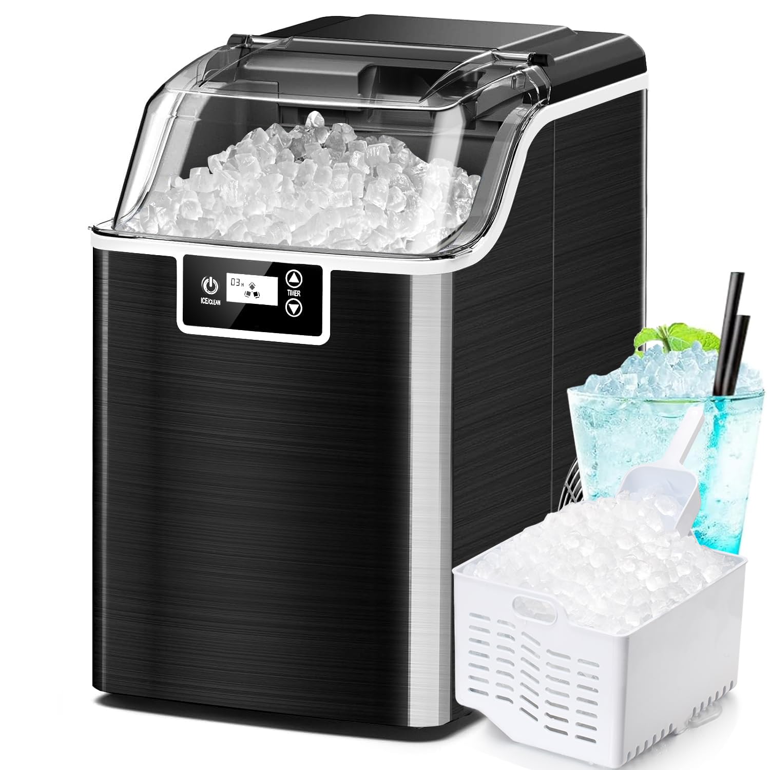 Kndko Ice Makers Countertop 45lbs,2-Ways Add Water,Ice Maker Self Cleaning,Ice Size Control,24H Timer,Party Countertop Ice Maker for Home Bar RV,Stainless Steel Ice Maker Machine,Black