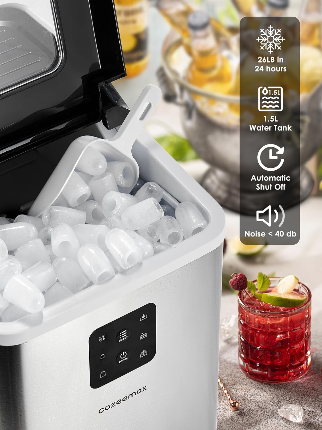 Cozeemax Ice Maker Machine Countertop, Self-Cleaning, 26lb 2 Cube Sizes in 24 Hours, 9 Ice Cubes in 6 Minutes, Ice Machine with Ice Scoop and Basket