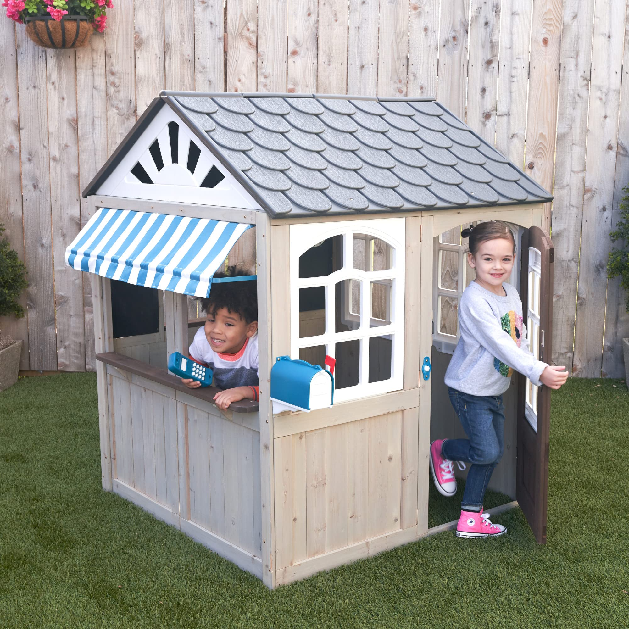 【Sports&Outdoors】Wooden Outdoor Playhouse, Ringing Doorbell, Mailbox and Awning, Gift for Ages 3-10