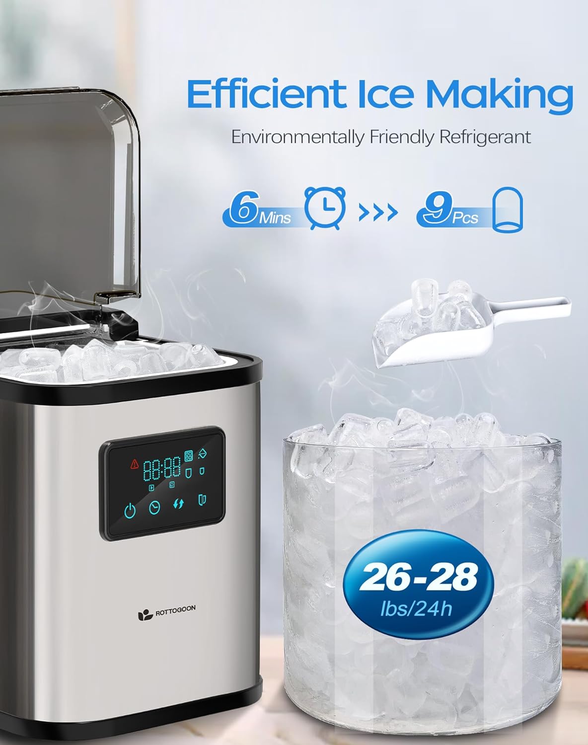 Ice Maker Countertop, Portable Ice Maker Machine, 28lbs/24Hrs, 6 Mins/9 Pcs Bullet Ice, Mini Ice Maker with Self Cleaning, Time Reservation Function, LED Display, Include Scoop & Basket, Stainless