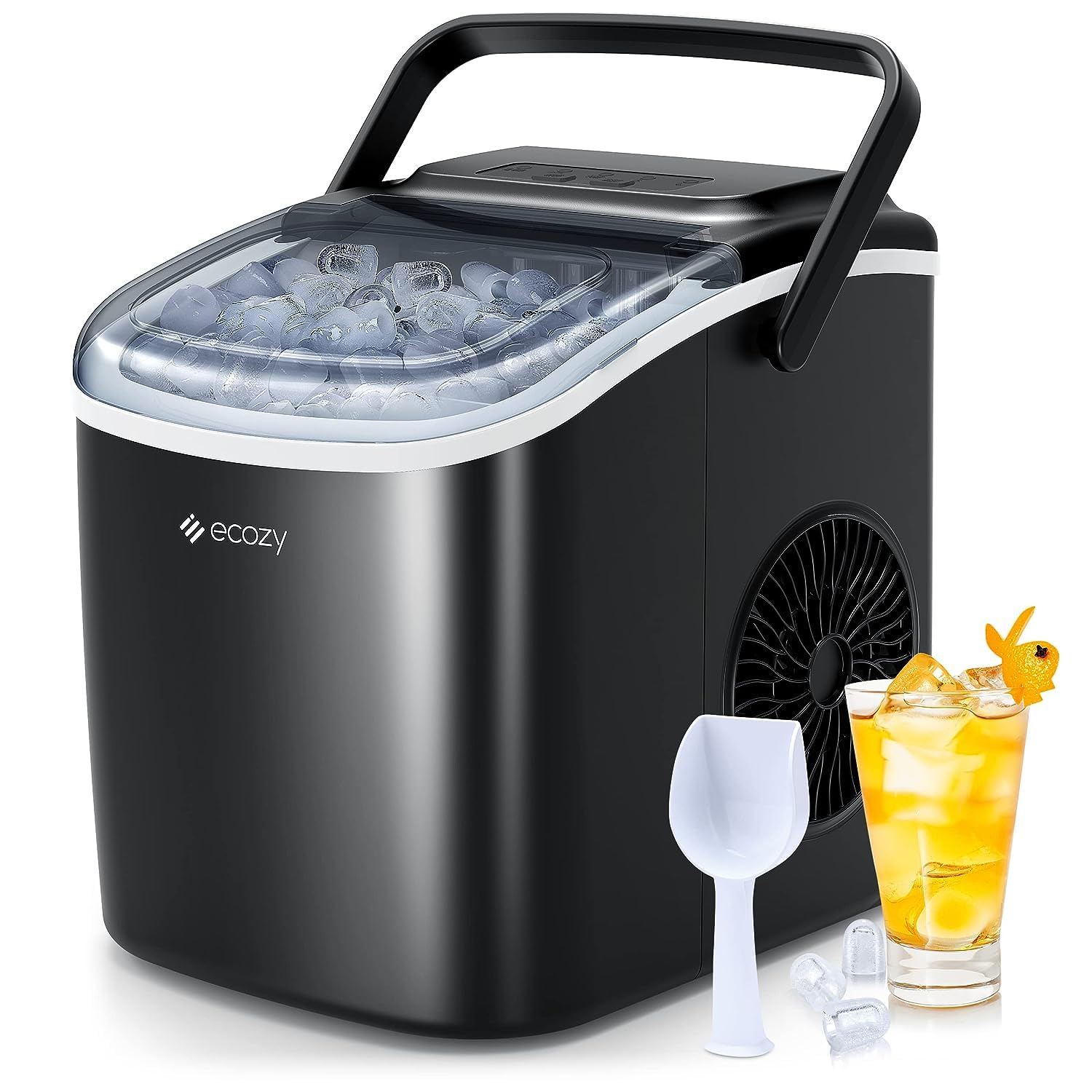 ecozy Portable Ice Maker Countertop, 9 Cubes Ready in 6 Mins, 26.5 lbs in 24 Hours, Self-Cleaning Ice Maker Machine with Ice Bags/Ice Scoop/Ice Basket for Home Kitchen Office Bar Party, Silver