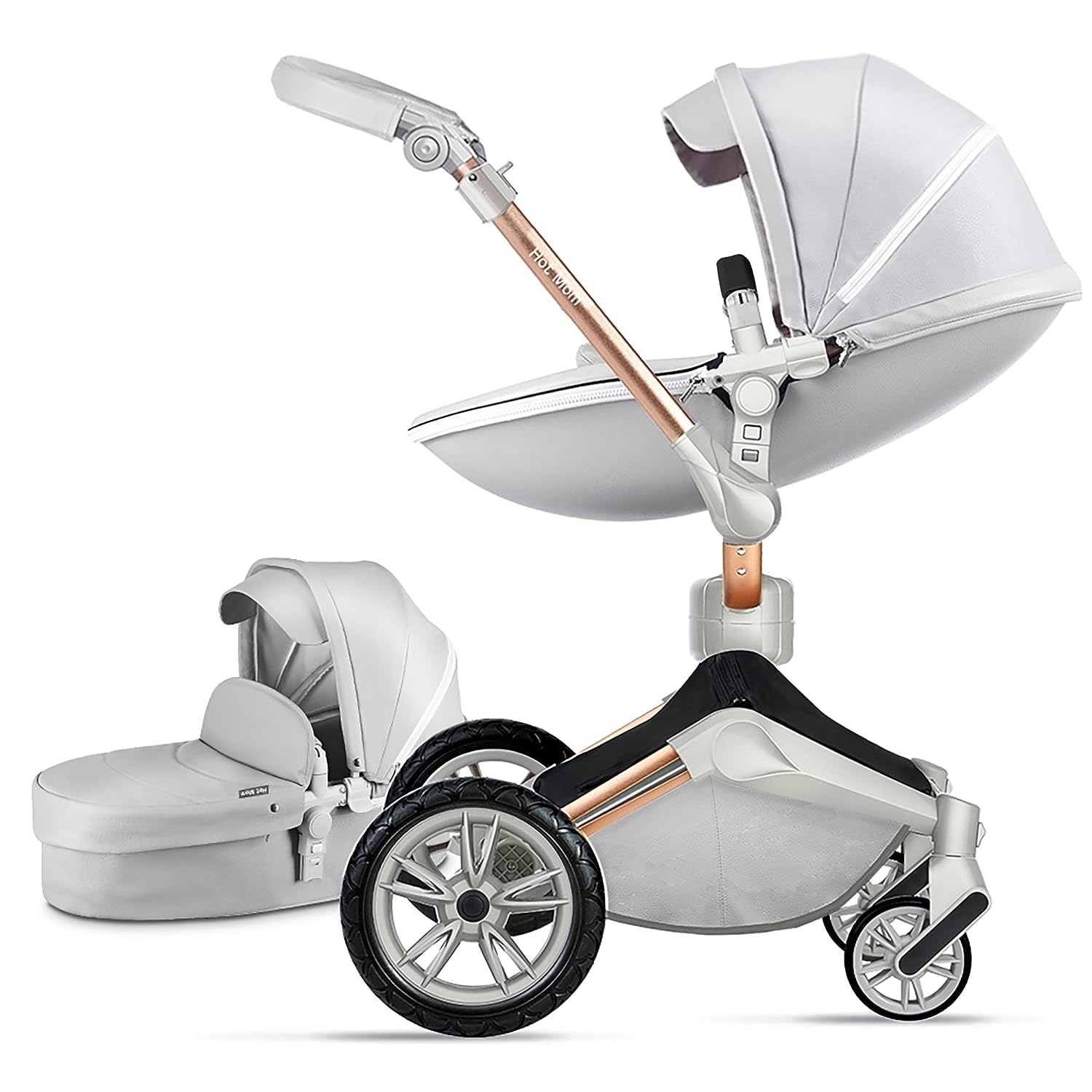 Hot Mom Baby Stroller 360 Degree Rotation Function, Pu Leather Baby Bassinet and Seat Combo Pushchai & Pram, Grey