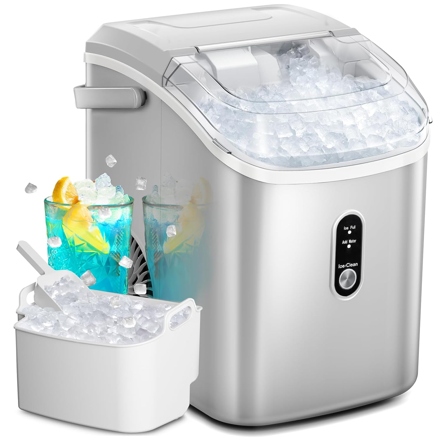 Nugget Ice Maker Countertop with Handle, 35lbs/Day, Portable Ice Maker Countertop with Chewable Ice, One-Click Operation, Compact Design Crushed Pellet Ice Maker for Home/Kitchen/Office(Silver)