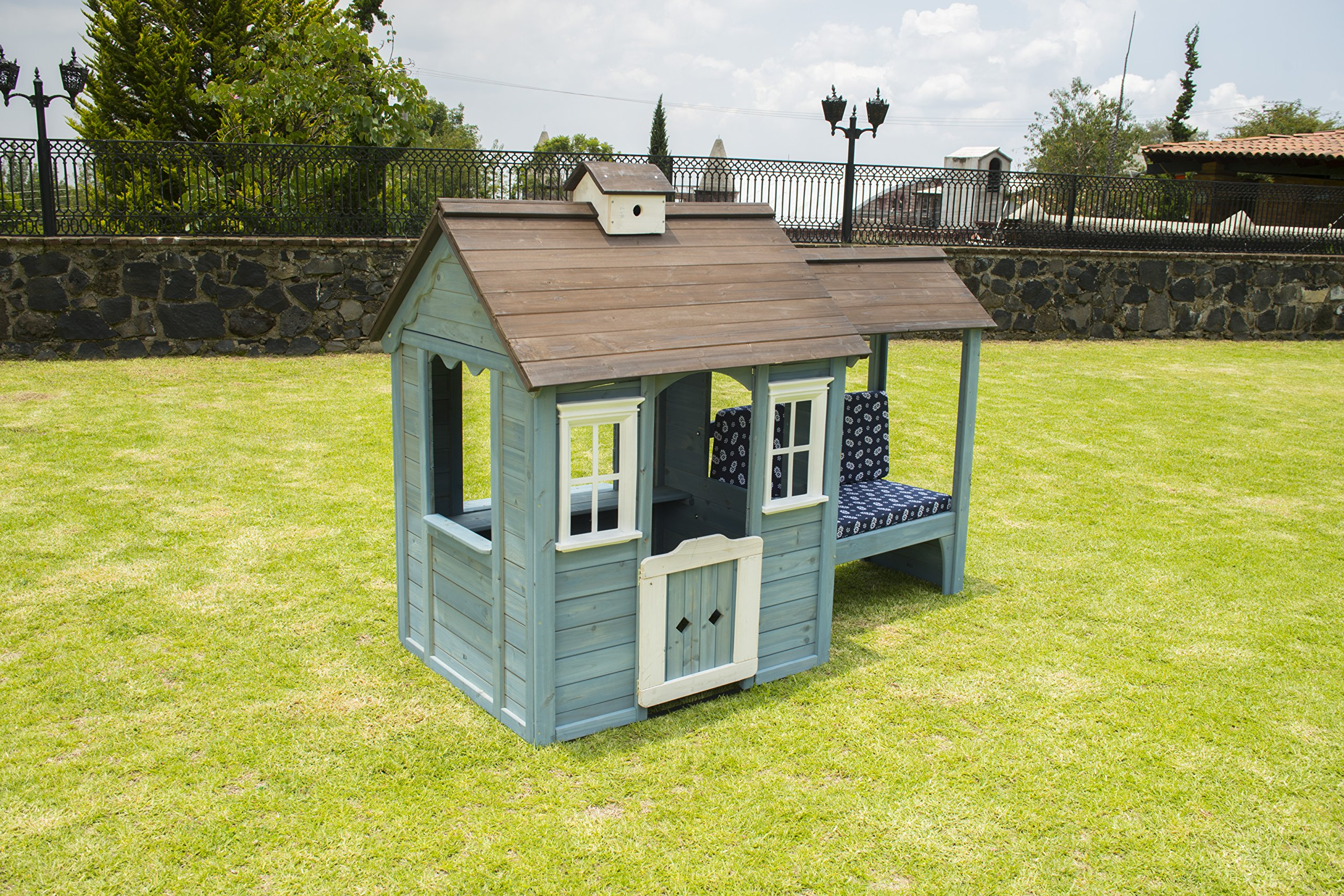 【Sports&Outdoors】Wooden Outdoor Playhouse with Bench, Blue, 83.6