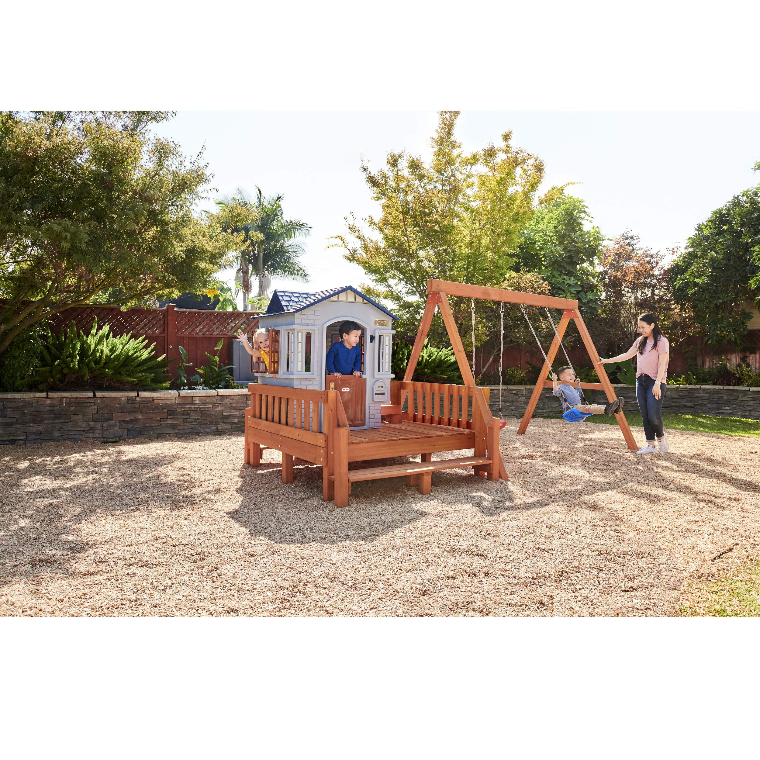 【Sports&Outdoors】Chipmunk Cottage Outdoor Wooden Backyard Playset with Swing Set and Playhouse for Kids