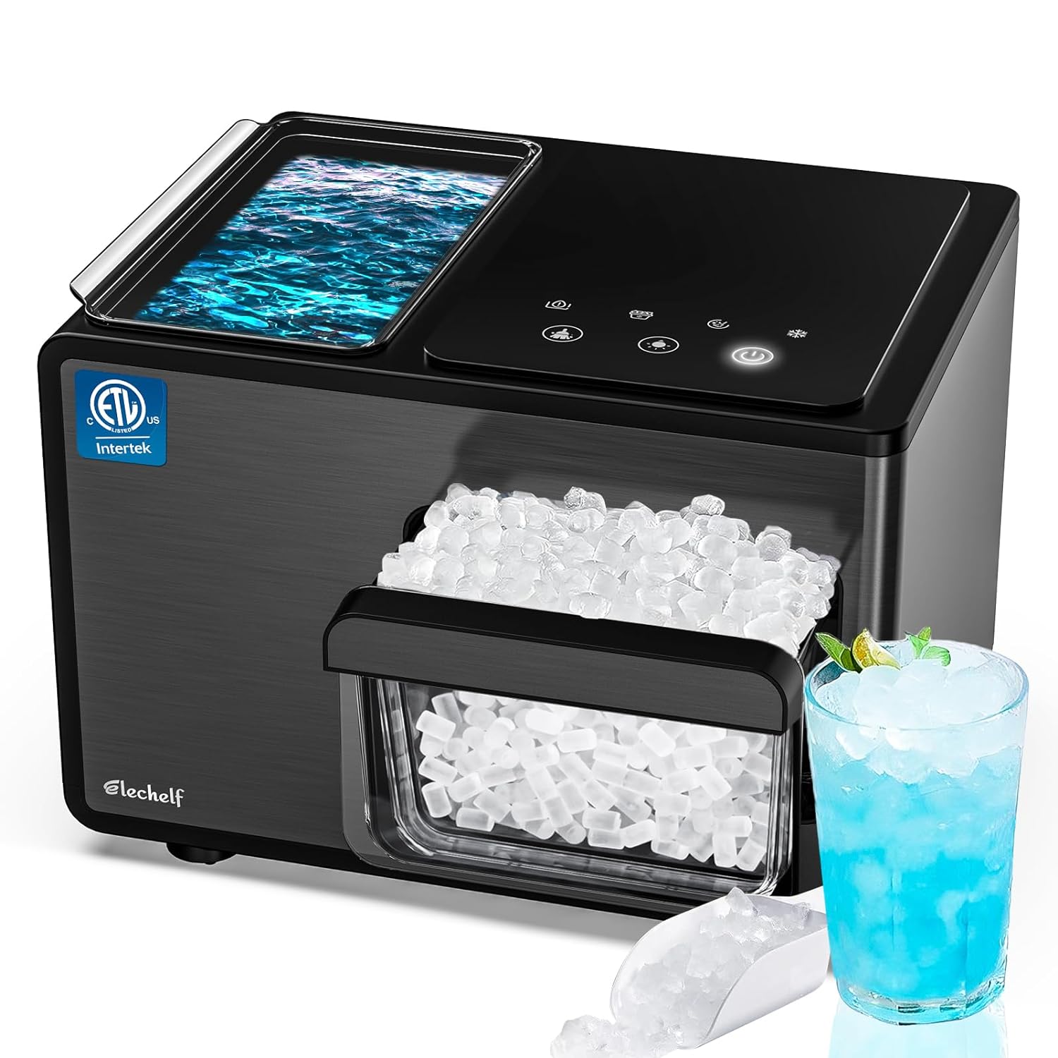 Elechelf Ice Makers Countertop Self Cleaning 33Ibs | Thick Insulation Foaming Layer Heavy-Duty Stainless Steel Bullet Ice Machine | Black