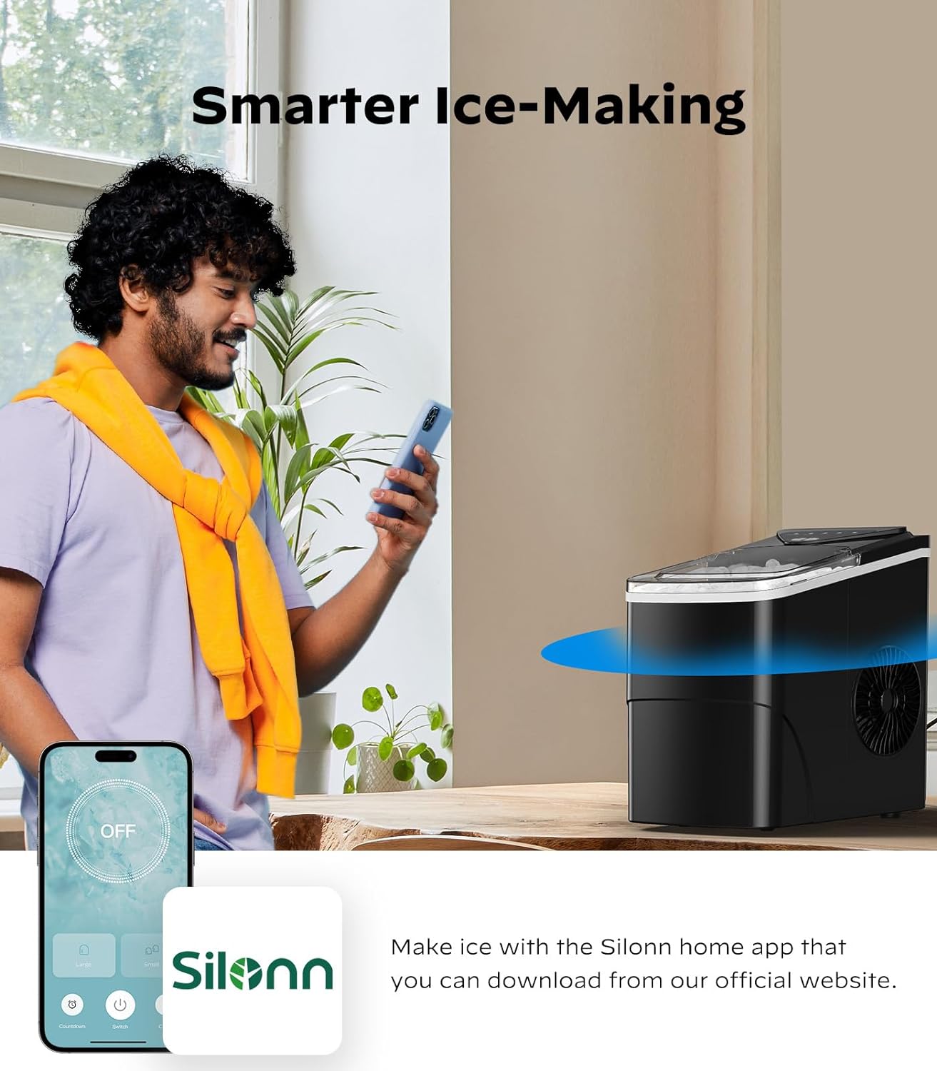 Silonn Smart Countertop Ice Maker, Compact Ice Maker with App Control, 9 Cubes in 6 Mins, 26 lbs per Day, 2 Ice Cube Sizes, Portable Ice Maker with Self-Cleaning for Kitchen/Office