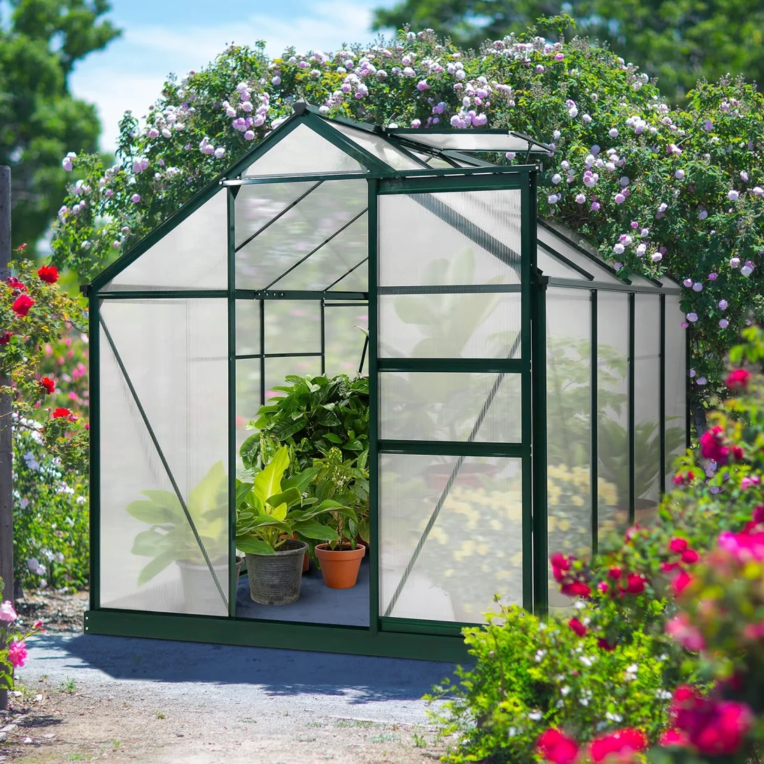 【Home&Garden】【BS】6' x 8' x 7' Outdoor Walk-in Hobby Greenhouse with Sliding Door & Ventilation Window
