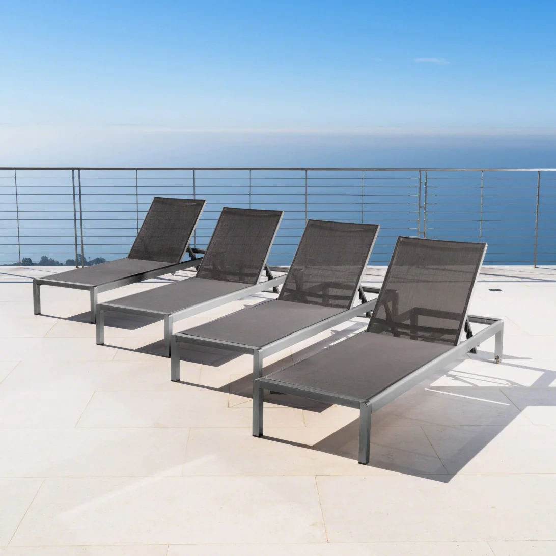 【Home&Garden】Coral Bay Outdoor Aluminum Chaise Lounges with Mesh Seat, 4-Pcs Set, Grey  Dark Grey