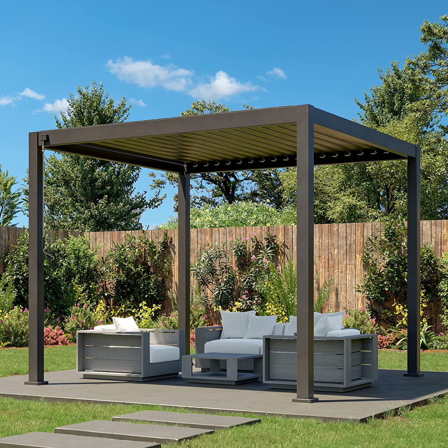 【Home&Garden】【BS】10'x10' Sun Shade Aluminum Pergola Rainproof Gazebo with Adjustable Roof