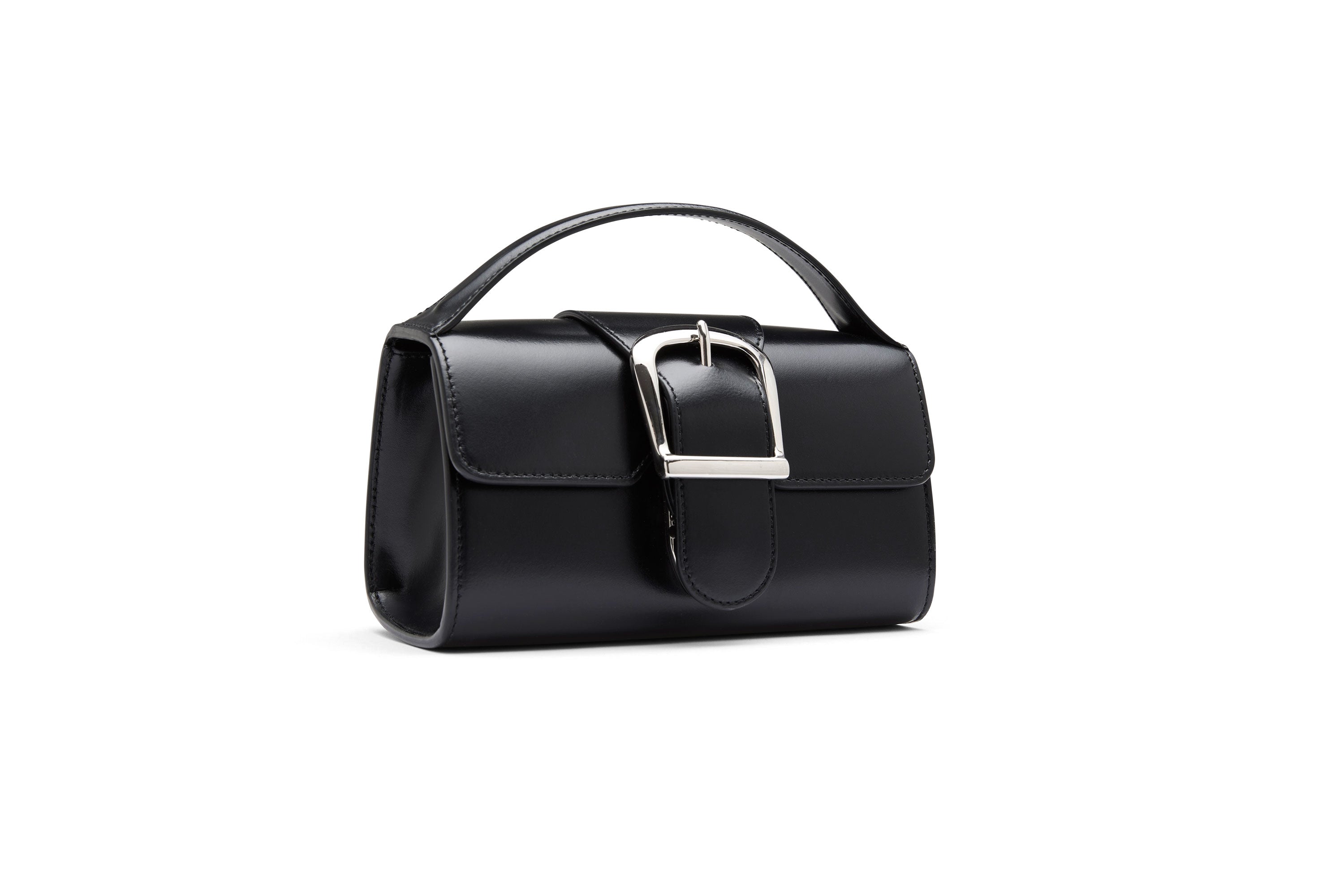 10.1S Black Mini Satchel with Flat Handle and Silver Buckle