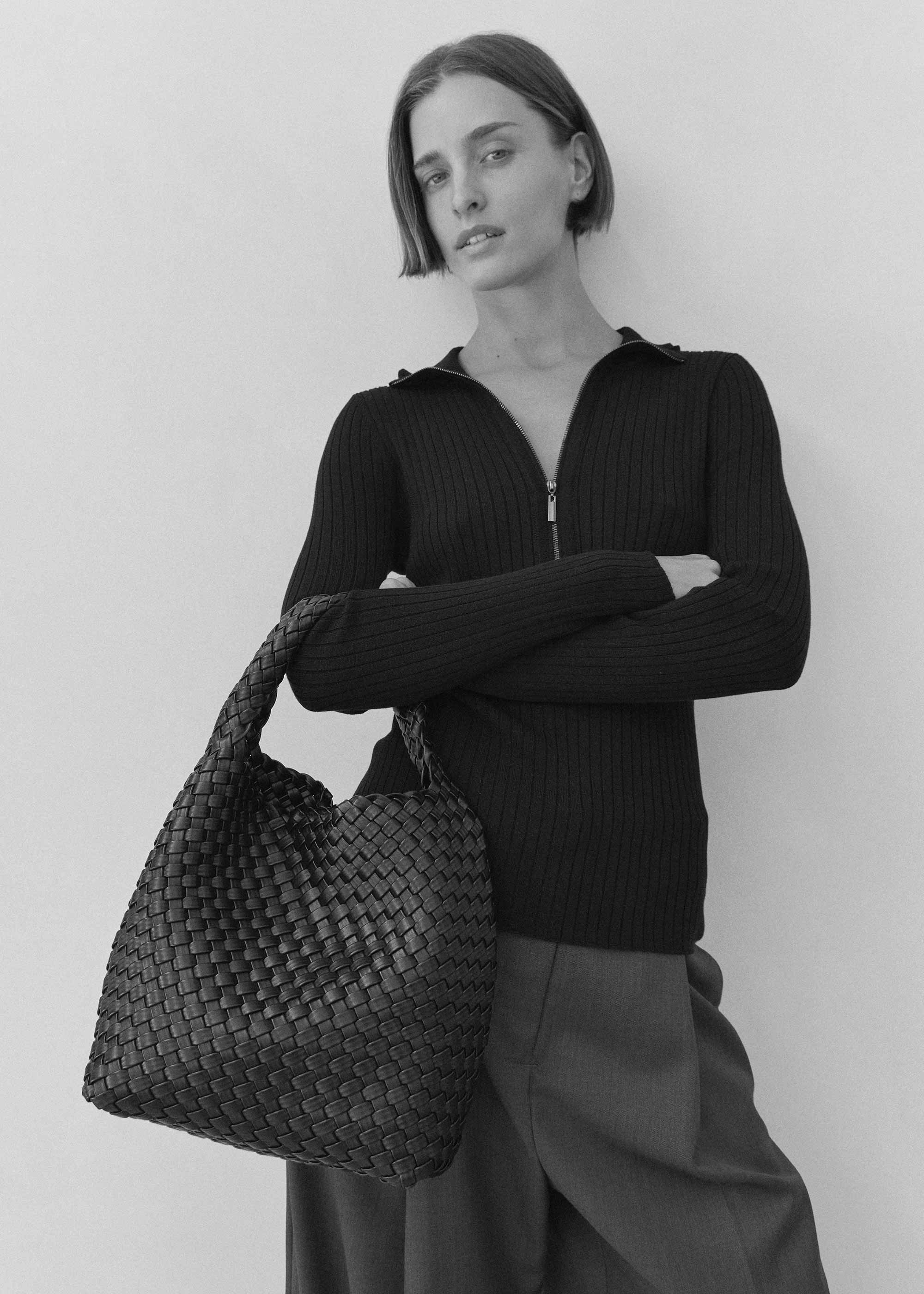 19.57 Black Recycled Alt-Leather Woven Small Tote