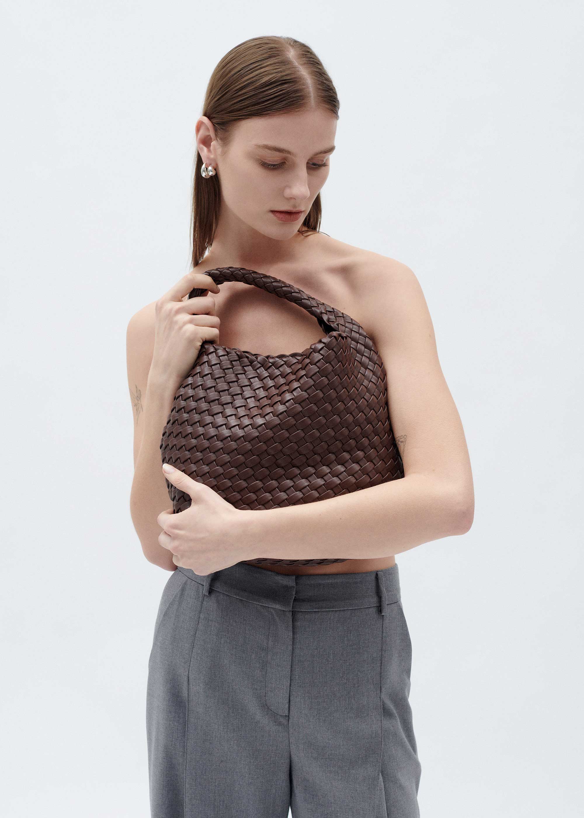 19.58 Brown Recycled Alt-Leather Woven Small Tote