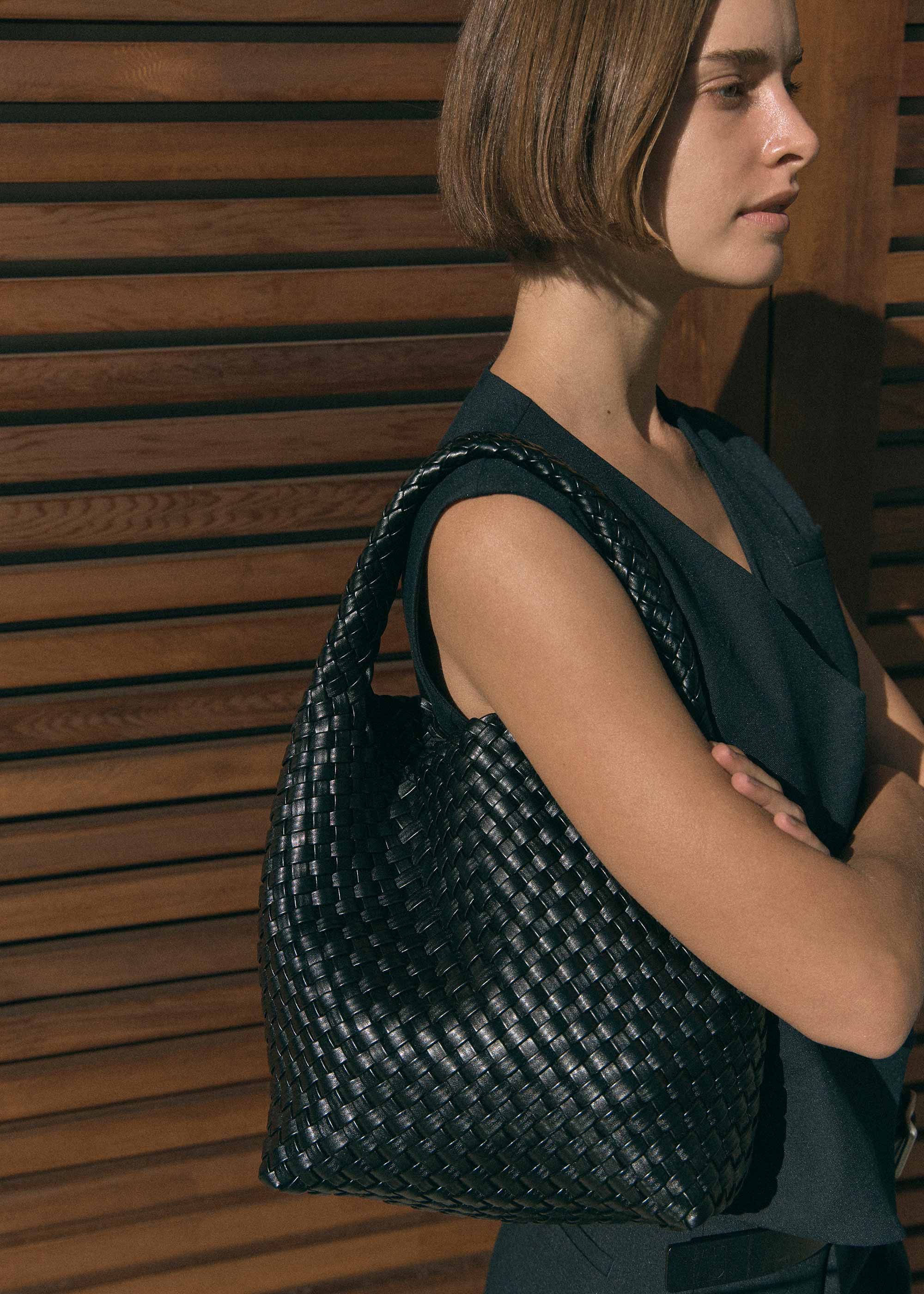 19.57 Black Recycled Alt-Leather Woven Small Tote