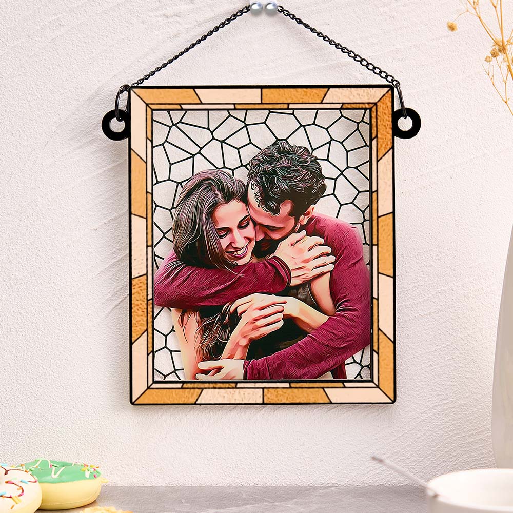 Custom Photo Love You More Every Day Couple Personalized Square Window Hanging Suncatcher Gift For Husband Wife Anniversary
