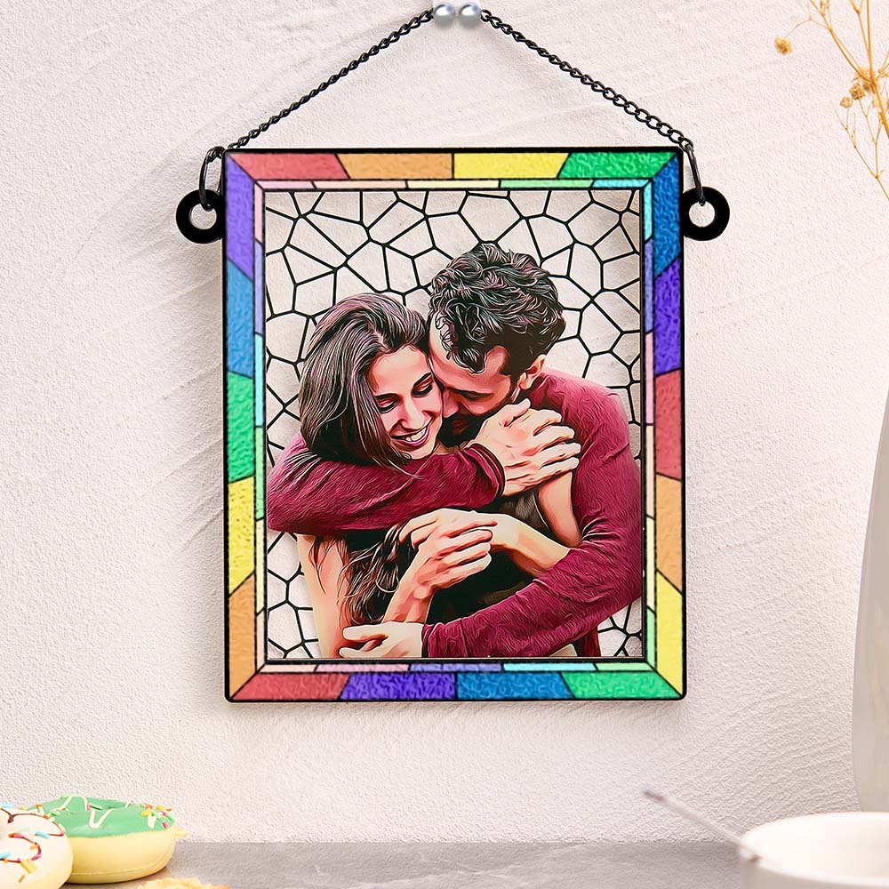 Custom Photo Love You More Every Day Couple Personalized Square Window Hanging Suncatcher Gift For Husband Wife Anniversary