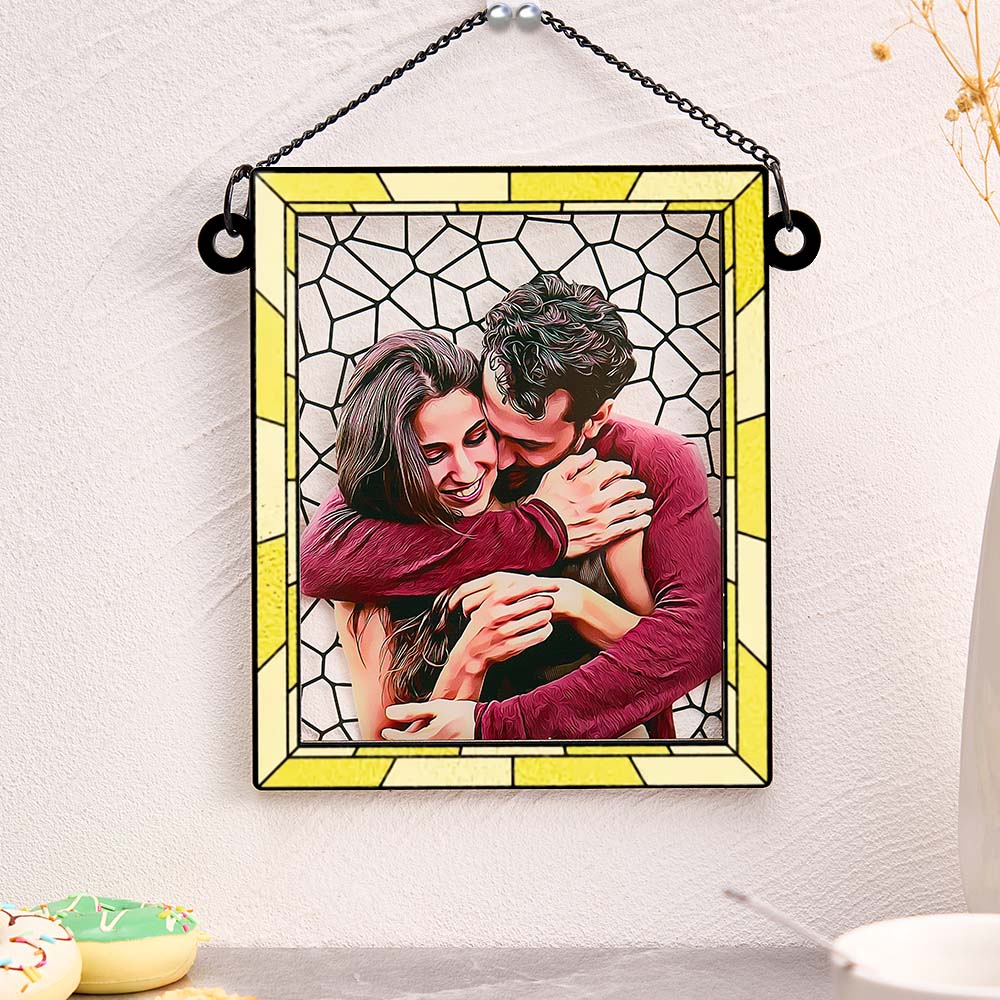 Custom Photo Love You More Every Day Couple Personalized Square Window Hanging Suncatcher Gift For Husband Wife Anniversary