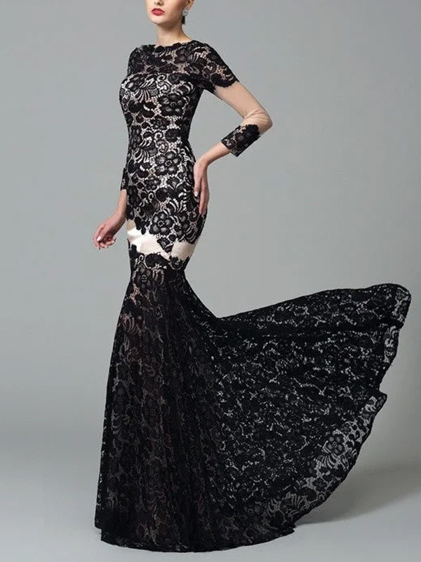 Column High Neck Lace 3/4 Sleeves Long Elastic Woven Satin Dress