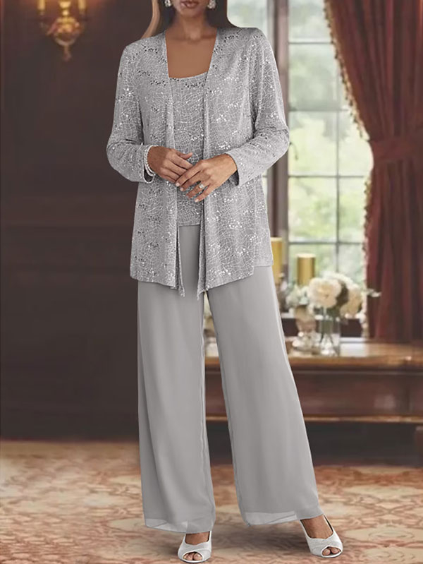 Sequins Chiffon Cardigan Wide Leg Pants Women's Three Piece Sets