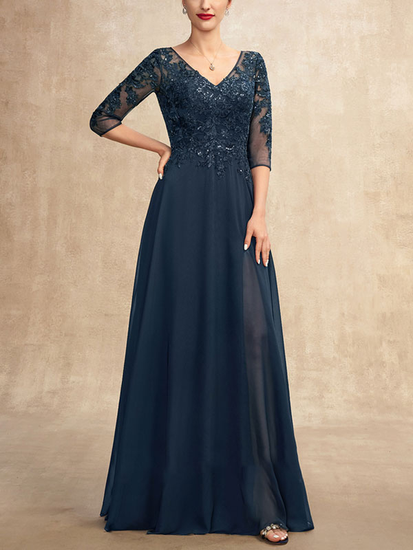 A-Line V-neck Asymmetrical Satin Lace Mother of the Bride Dress With Sequins Pockets