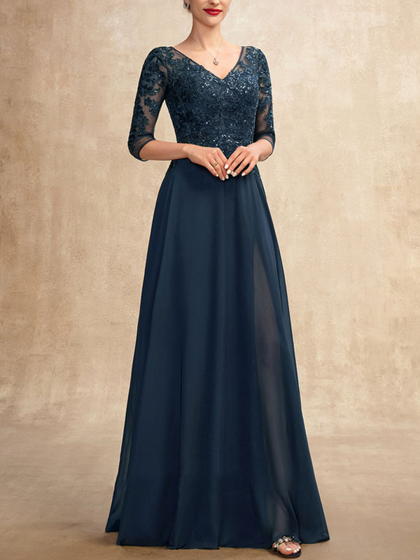 A-Line V-neck Asymmetrical Satin Lace Mother of the Bride Dress With Sequins Pockets