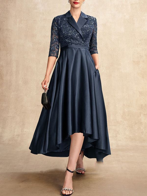 A-Line V-neck Asymmetrical Satin Lace Mother of the Bride Dress With Sequins Pockets