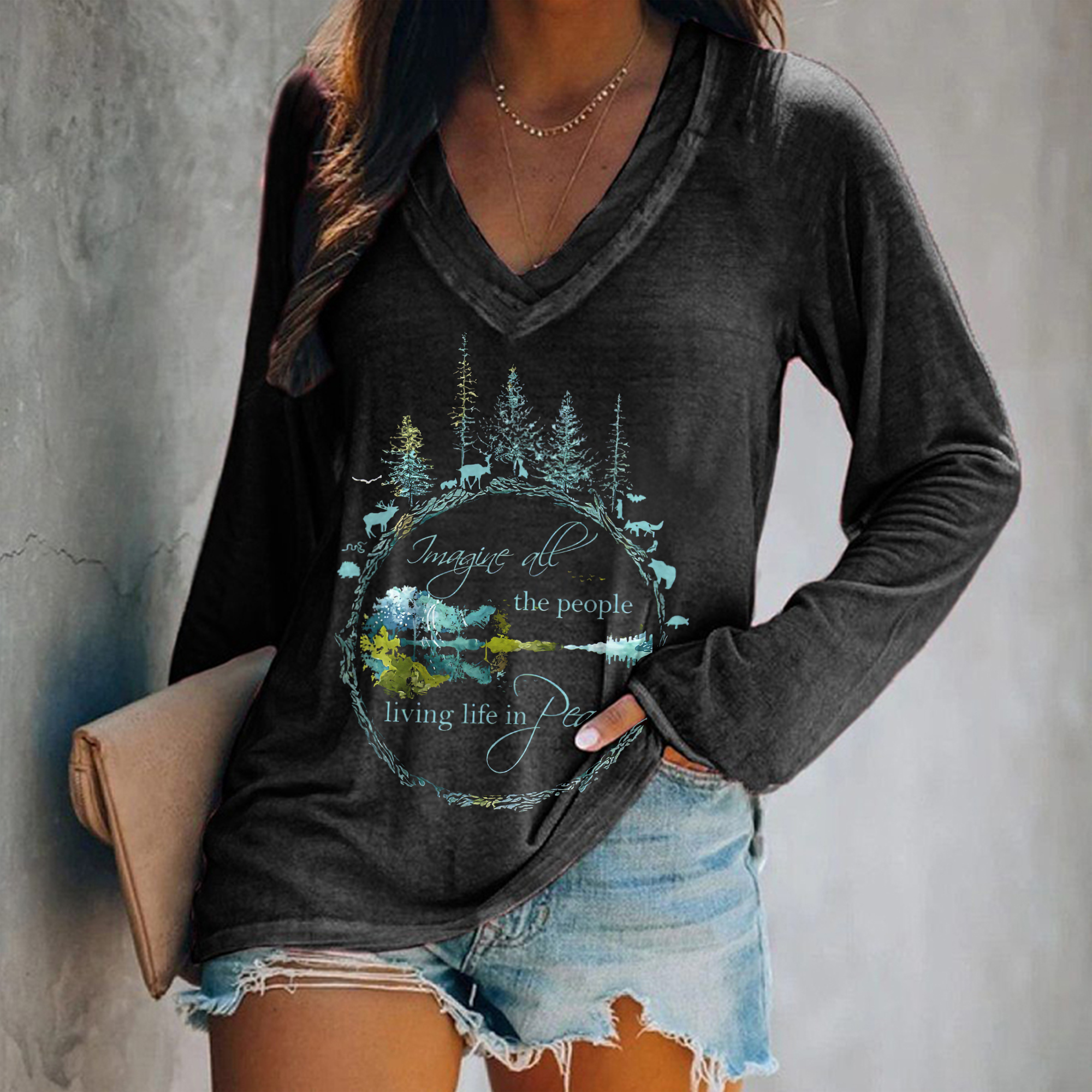 Imagine All The People Living Life In Peace Printed Women's V-neck T-shirt