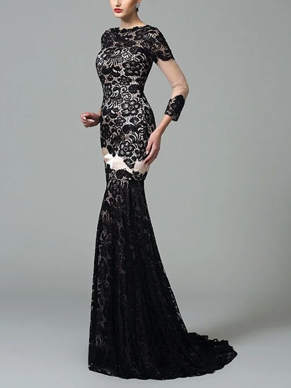 Column High Neck Lace 3/4 Sleeves Long Elastic Woven Satin Dress