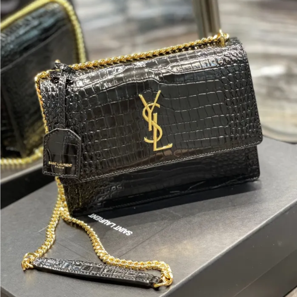 SUNSET MEDIUM CHAIN BAG IN CROCODILE EMBOSSED SHINY LEATHER