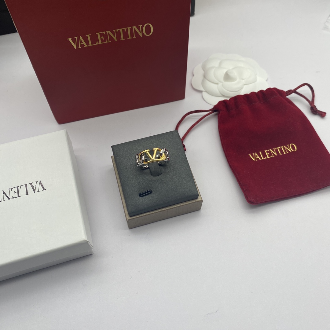Valentino Jewelry Rings Square V-Logo Adjustable Ring With Chain Design