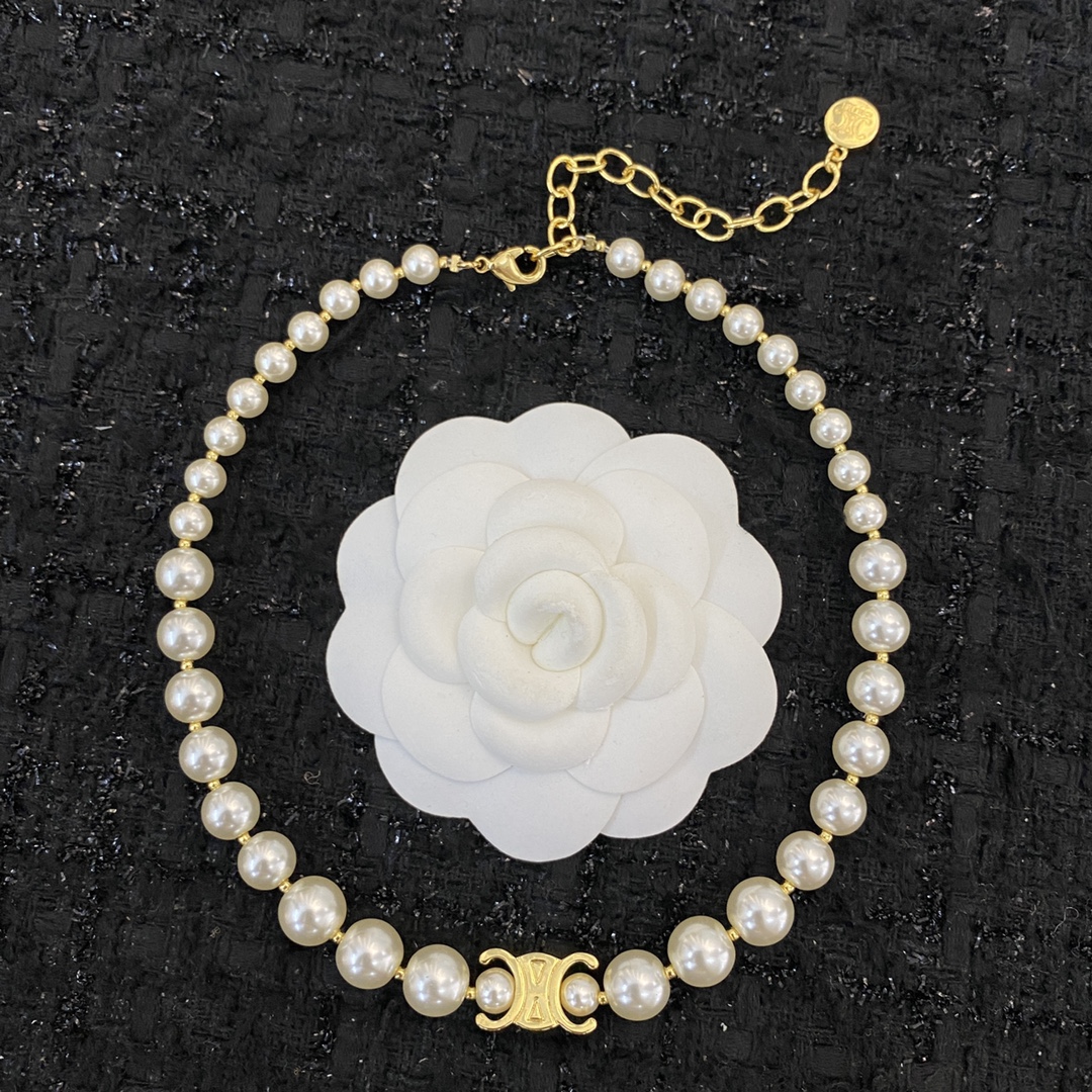 Celine Jewelry Necklace Arc de Triomphe logo Pearl Necklace