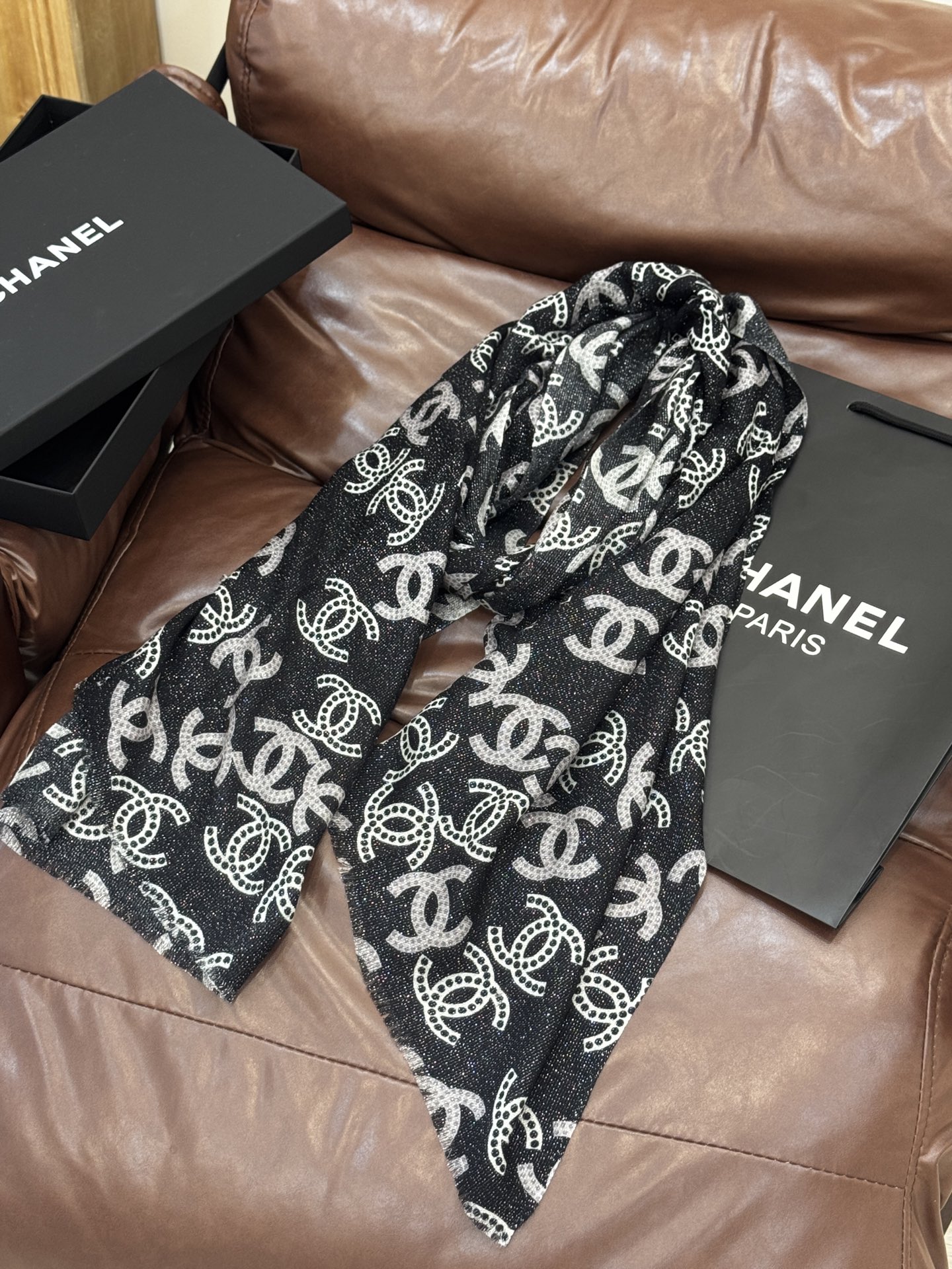 Chanel Scarf Silver Line Double C Pattern Scarf 100% Cashmere 110*200cm Accessories