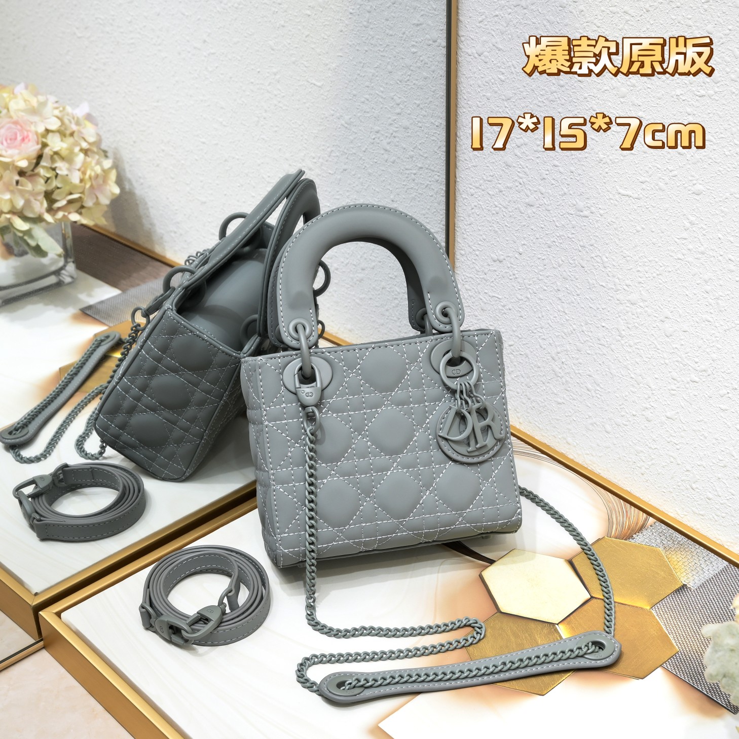 Mini Lady Dior Bag Grey Matte 2022 LM051 17cm