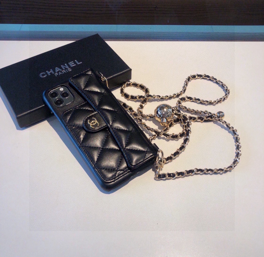 Chanel Phone Case Lambskin Phone Case With Double C Small Gold Ball And Flip Cover For Card Slot Accessories