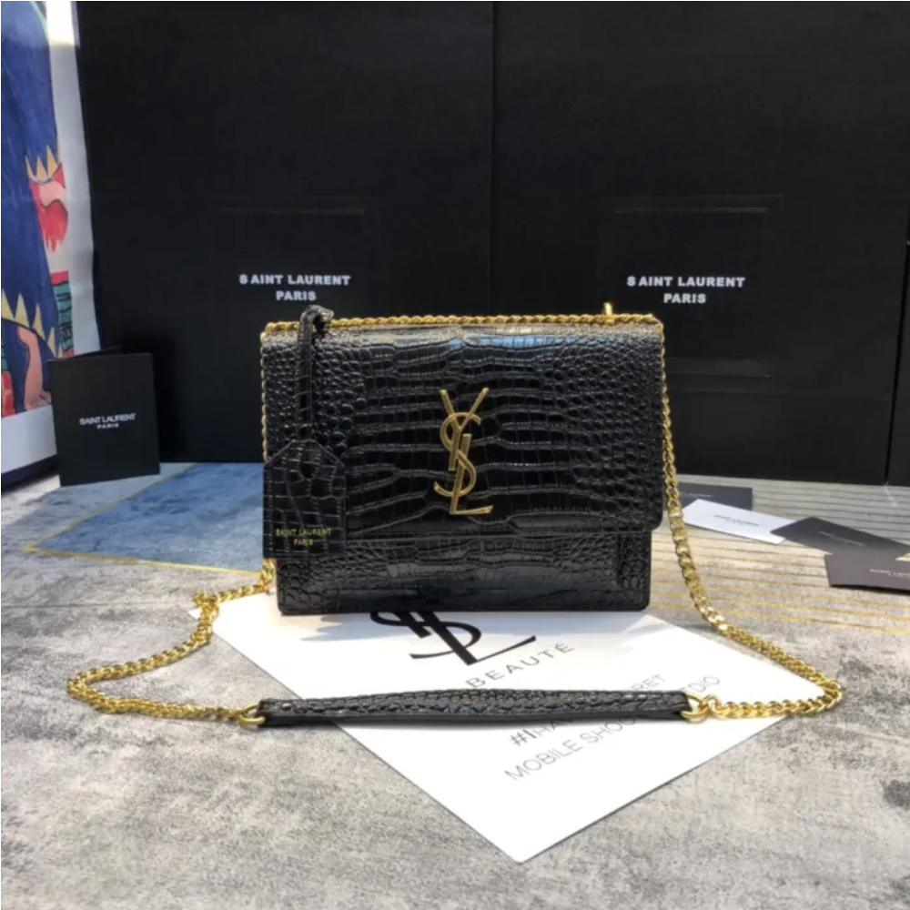 YSL SUNSET MEDIUM CHAIN BAG IN CROCODILE EMBOSSED SHINY LEATHER