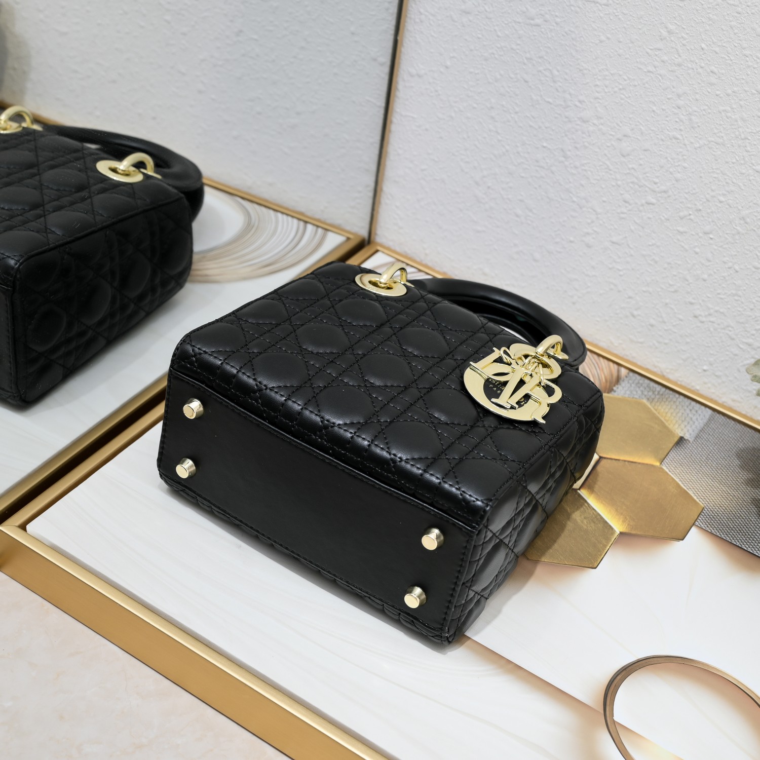 Small Lady Dior My ABCDior Bag Black Gold Sheepskin 1022 LM061 20cm